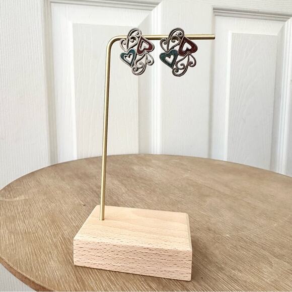 Silver Tone Turquoise Heart Scroll Red Accent Hanging Stud Earrings Southwestern - Picture 1 of 5